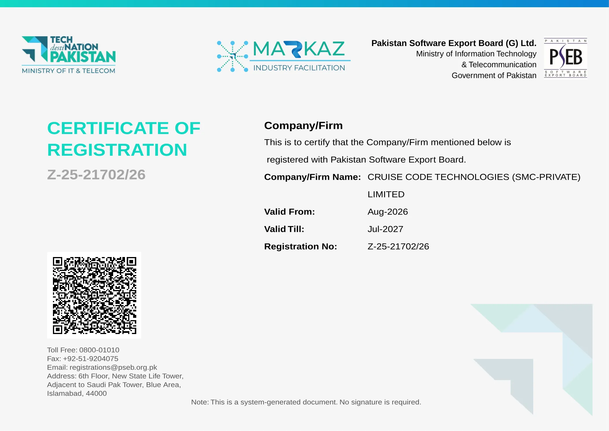 PSEB Certificate of Registration for Cruise Code Technologies (SMC-Private) Limited, registration number Z-25-21702/26